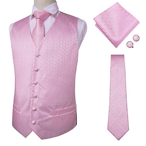 Hi-Tie Pink Floral Silk Vest Necktie Set For Men Jacquard Floral Suit Waistcoat Pocket Square Tie Clip For Wedding Formal Dress #TOP3