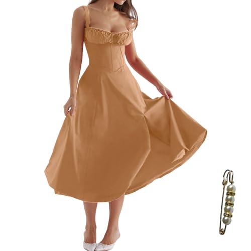 Image of Floral Corset Midi Dress Square Neck A Line Dress with Slit | Square neck floral midi dress with front tie bust wide straps A-line skirt side slit and lightweight fabric