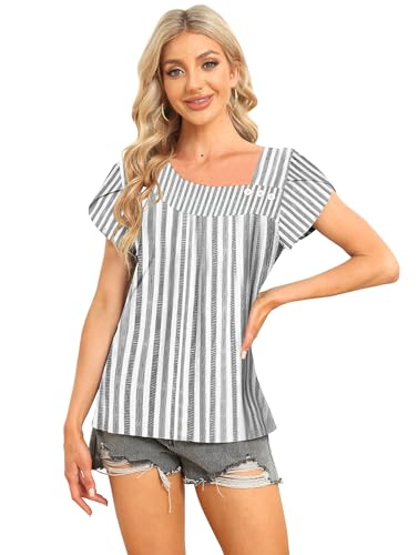 Image of Womens Petal Sleeve Tops Summer Trendy T Shirt Casual Loose Square Neck Button Blouse Tees
