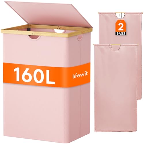 Image of Lifewit 160L Double Laundry Hamper with Lid, Extra Large Bamboo Laundry Basket Dirty Clothes Hamper, 2 Section Laundry Bin Organizer for Laundry Room Bedroom with 2 Removable Liners & Bags, Pink