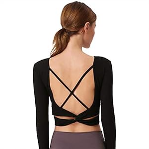 Women’s elegante lange mouwen Yoga Wear, Sport met lange mouwen T-shirt met cross banden Sporten Fitness Borst Pad Women’s Yoga Wear,Black,L