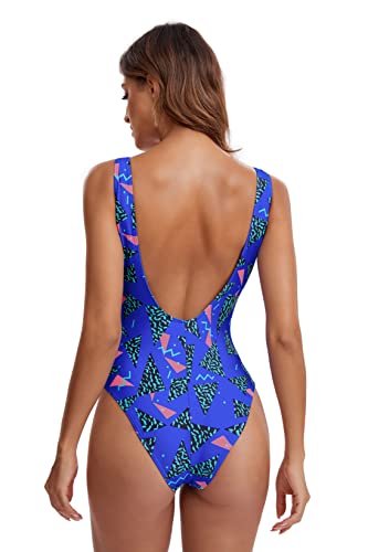 Miaiulia Women's Retro 80S/90S Inspired High Cut Low Back Padding One Piece Swimwear Bathing Suits 90S Pattern Royalblue S #TOP4