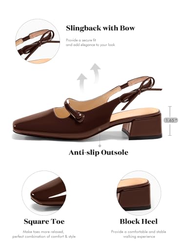 Image of Coutgo Womens Mary Jane Shoes Slingback Chunky Low Heels Bow Closed Square Toe Pumps Wedding Party Dress Shoes