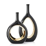 2 Pcs Ceramic Vase Black Gold Vases Set of 2 for Modern Home Decor Living Room Centerpiece Minimalist Hollow Flower Vase, Decorative Oval Vase for Bookshelf TV Stand Kitchen Dining Table Decorations