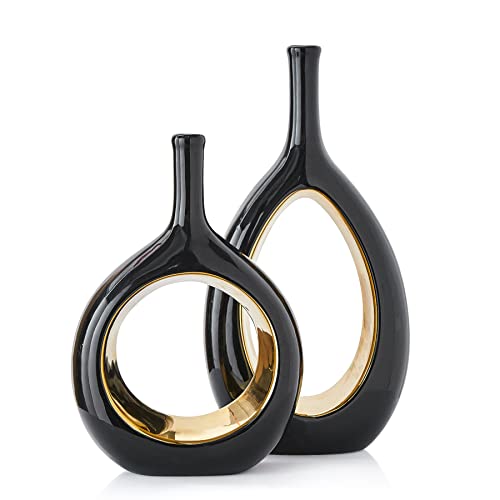 2 Pcs Ceramic Vase Black Gold Vases Set of 2 for Modern Home Decor Living Room Centerpiece Minimalist Hollow Flower Vase, Decorative Oval Vase for Bookshelf TV Stand Kitchen Dining Table Decorations