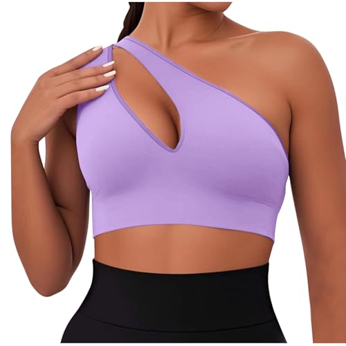 Women's One Shoulder Sports Bras Workout Left Strap Yoga Bras Cute Medium Support Crop Tops Purple