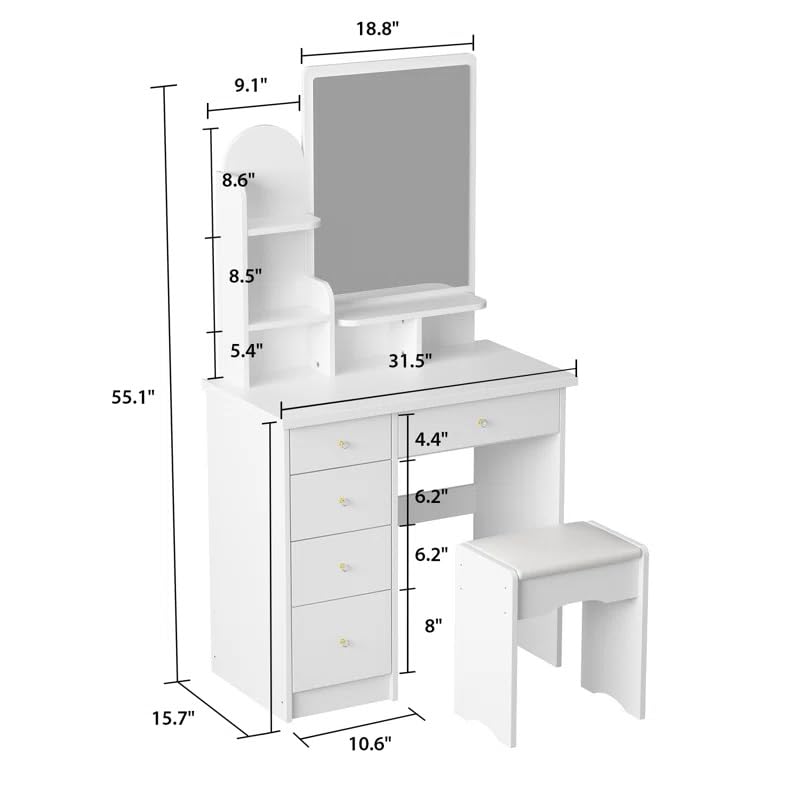Image of Modern Vanity Dressing Table with Mirror, 4 Storage Drawers, White Finish