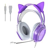 Wantek かわいい猫耳ゲームヘッドセット - 50mmドライバー、ノイズキャンセリングマイク、3.5mm有線スタイリッシュで軽量なデザイン(パープル)
