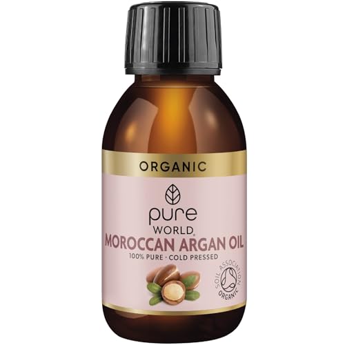 Pure World Natural Organic Moroccan Argan Oil 100ml, 100% Pure and Cold Pressed Premium Argan Oil for Face Hair Skin and Nails Natural Moisturiser for Dry Skin Anti-Frizz Hair Treatment