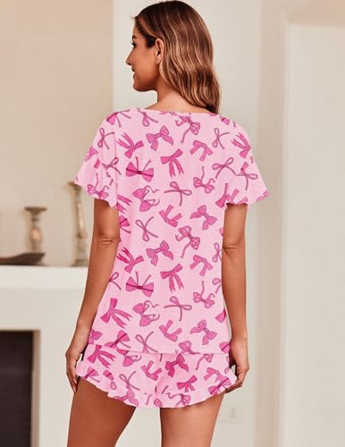 Image of Ekouaer Women's Pajama Set Ruffle Sleeves Top and Short | 2 Piece Ruffle Hem Sleeves Top and Shorts Pjs Set, Soft Short Sleepwear Set, Elastic Waistband Design
