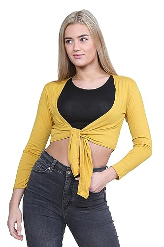 Cardigan mostaza de manga larga tipo bolero ideal para vestidos de fiesta