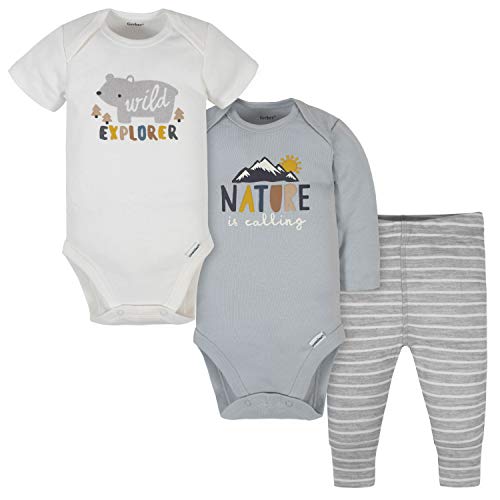 Gerber Baby Boys' 3-Piece Onesies Bodysuits and Pant Set, Grey Explore Print, 3-6 Months