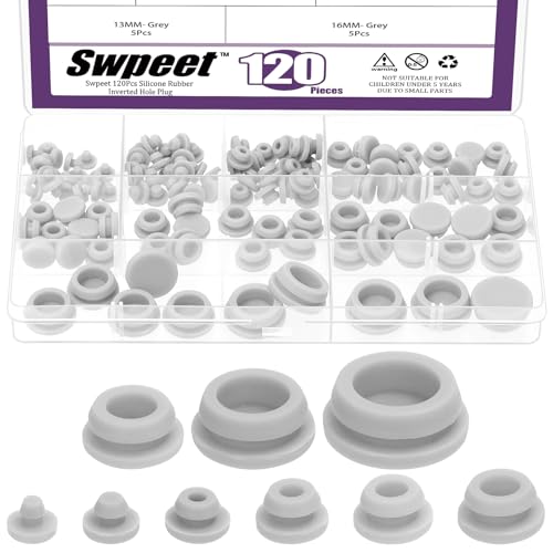 Swpeet 120Pcs 9 Sizes 0.12" 0.16" 1/5" 1/4" 0.27" 5/16" 3/8" 1/2" 5/8" Grey Rubber Plugs for Round Holes Kit, Silicone Plug, T Shaped Rubber Stopper, Round Hole Plug Snap Locking for Furniture