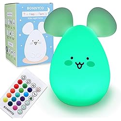 Lampara Bebes Raton BONNYCO Luz Nocturna Infantil Ratoncito con Control Remoto y Táctil 16 Colores Lampara Infantil Bebe con Temporizador | Luz Quitamiedos Infantil Silicona 100% Segura, Regalos para Niñas Niños