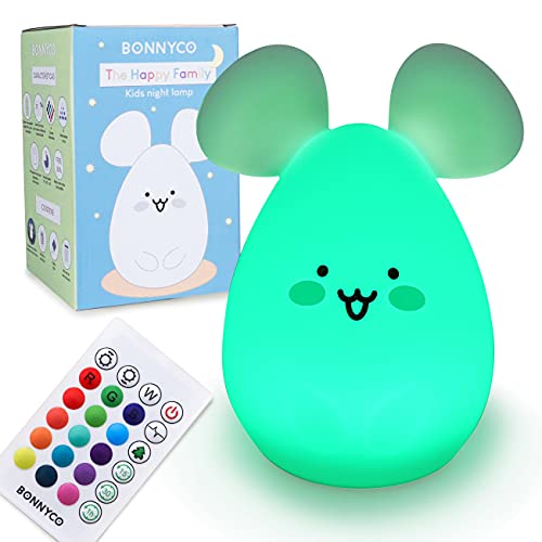 BONNYCO Luce Notturna Bambini con Telecomando e Sensore Tattile 16 Colori Lampada Notturna per Bambini con Timer | Lucina Notturna Bambini Silicone BPA Free | Topo Lampada Bambini Notturna