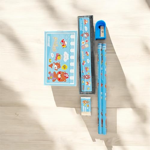 Image of Kids School 7-Piece Stationery Set (Pack of 2) | Pencil Case | Kids Design | Sky Blue | Boys & Girls | Age 4-12