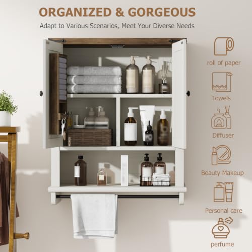 Image of QUW Farmhouse Bathroom Wall Cabinet, Modern Medicine Cabinets with Towel Bar & Jewelry Holder, Over The Toilet Storage Cabinet with Barn Door for Laundry, Living Room, Hallway, Antique White