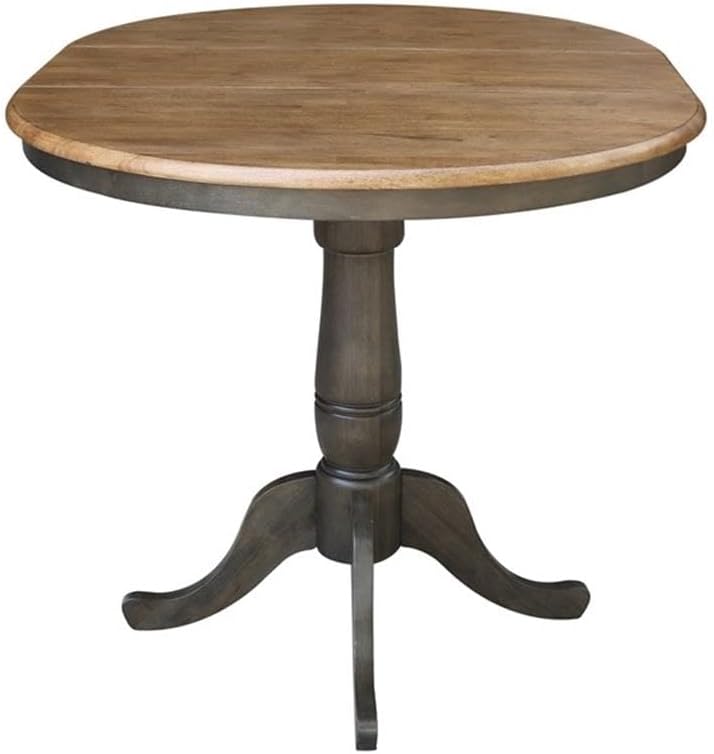 Pemberly Row 36" Counter Height Dining Table, Solid Hardwood, Hickory/Washed Coal Finish, 12" Leaf, Butcher Block Top, Pedestal Base with Extension, Expandable for Kitchen or Dining Room