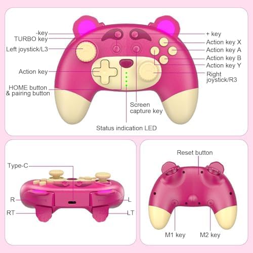 STOGA Wireless Switch Pro Controller for Switch OLED/Switch Lite/PC – Pink Strawberry Bear Design, 6-Axis Motion, Turbo Function & Vibration Feedback - Thumbnail 6