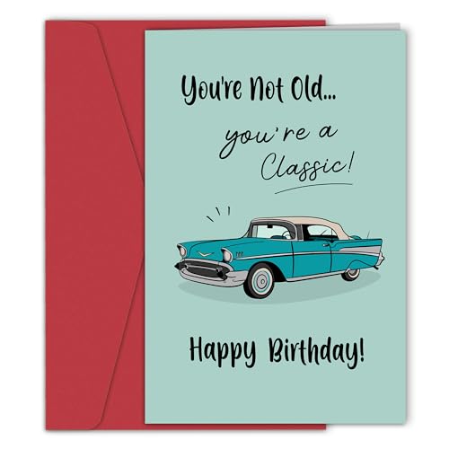 Qiyepbro Funny Birthday Card for Him - You're Not Old You're a Classic Card, Retro Birthday Cards for Men, Classic Car Birthday Card for Dad Husband Grandpa