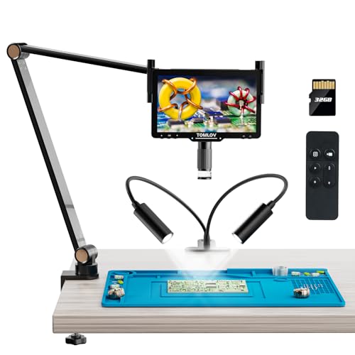 TOMLOV DM501S 2K Flexible Arm Digital Microscope, 7" Soldering Microscope 2000X, 48MP HDMI Coin Microscope for Adults, LCD Video Flex Microscope for Electronic Repair with Polarizer Lens, 32GB