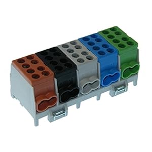 Pollmann Hauptleitungs Abzweigklemme 5 polig für Hutschiene – Strom Verteiler mit VDE, Braun / Grün / Schwarz / Blau / Grau, Kunststoff