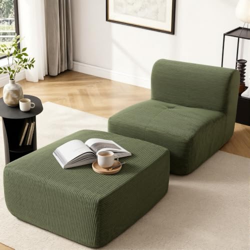 Image of Armless Chair with Ottoman, Modern Corduroy Convertible Cloud Couch
