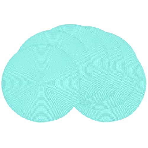 Feuille Round Braided Placemats Set of 6 Place Mats for Dining Table Woven Washable Non-Slip Table Mats 13.5 Inch Light Blue 6pcs