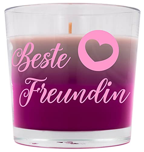WB wohn trends Duft-Kerze mit Spruch, Beste Freundin, 9x9,5cm rosa pink grau, frischer Sommer-Duft Duft-Windlicht