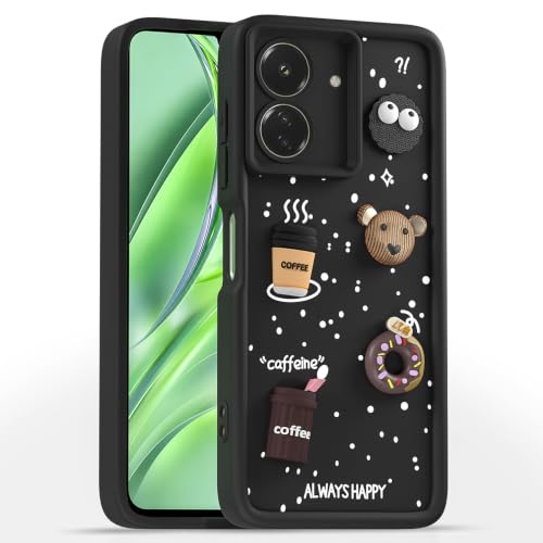 Image of Pikkme Back Cover for Redmi 13C 4G | 3D Bear Silicone Cute & Fun Coffee Cartoon | Full Body Protection Bumper Case (Black)