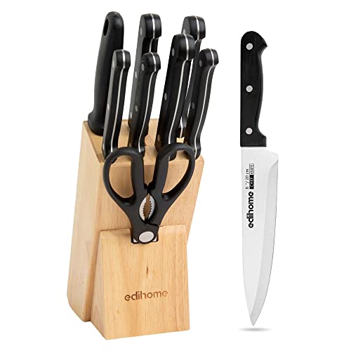 Edihome, Juego de Cuchillos de Cocina, Profesional, 8 Piezas y Taco, Acero Inoxidable, Utensilios, Afilador, Tijeras, Pelador, Fileteador, Soporte Madera Cover