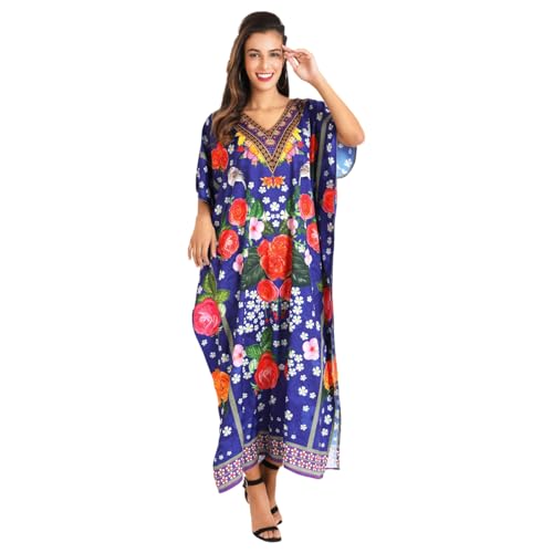 Image of Miss Lavish London Blue Floral Kaftan Dresses for Women V Neck Batwing Sleeve Maxi Beach Cover Up, Ethnic Print Plus Size Caftan with Side Slits & Pockets, Womens Resort Wear Swim Coverup-Blue-XL