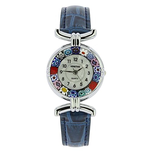 Glass Of Venice Murano Glass Millefiori Watch with Leather Band - Blue Multicolor