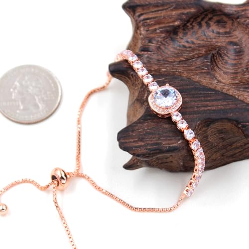 Image of Rose Plated Gold Brass Box Chain Cubic Zirconia Classic Tennis Slider Adjustable Bracelet, Round Big Zircon Charm Give Woman Mom Mother's Day Fashion Crystal Gift