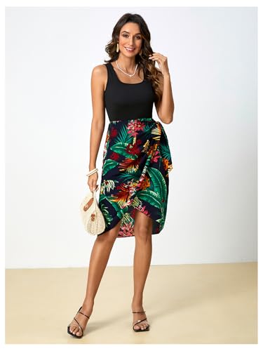 Image of GORGLITTER Women's Tropical Print Knot Side Wrap Hem Vacation Tank Dress