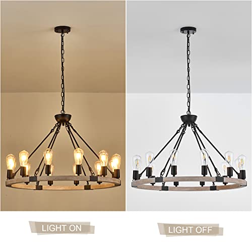 Brfaixla 12-Light Wooden Wagon Wheel Chandelier Farmhouse, 31.5'' Black Matte Chandelier Pendant Light Fixture For Living Room, Industrial Rustic Round Wood Chandeliers For Dining Room Entryway Porch #TOP4