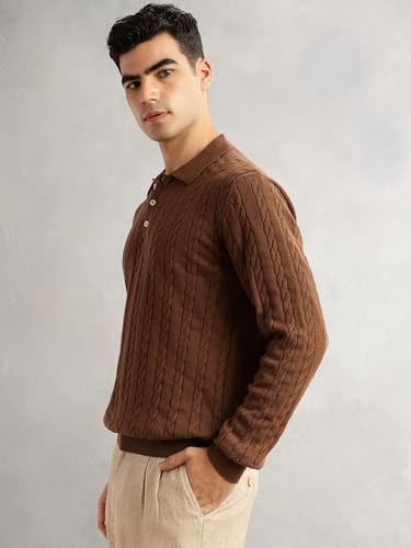 Image of Thomas Scott Men's | Regular Fit | Long Sleeves | Self Design | 100% Cotton | Button Closure | Dry Clean | Polo Collar | Knitted | T-Shirt