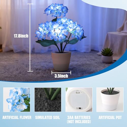 Image of Blue Artificial Hydrangea LED Flower Lamp - Lighted Floral Decor for Wedding Christmas Mother Valentines Day Birthday, Bedroom Bar Coffee Shop Home Decor, Battery-Operated Night Light, Gifts for Women