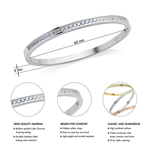 555Jewelry Womens Stainless Steel Metal Cubic Zirconia Cz Sparkle Cuff Hinged Lock Charm Hypoallergenic Fine Fashion Jewelry Bangle Bracelet, Silver #TOP2