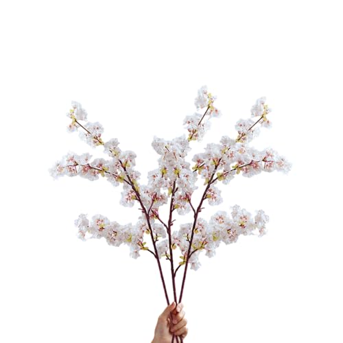 CURTEK HFGHF4 - 3 ramas artificiales de cerezo sintético, ramas de melocotón, tallos altos de seda para decoración del hogar, boda, mesa, jarrón, color blanco, HFGHF4