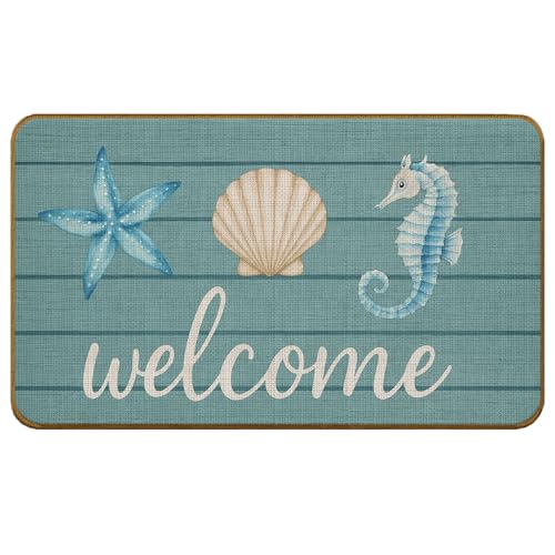 SkipTiger Coastal Beach Non-Slip Door Mat, Ocean Starfish Seashell Sea Horse Doormat Outdoor Indoor Entrance Porch, Nautical Beachy Welcome Mat for Front Door, 17x30 Inch