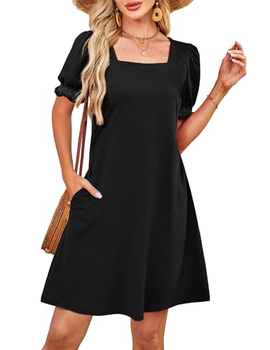 RUMIA Summer Dresses for Women 2025 Casual Cute Square Neck Puff Short Sleeve Dress with Pockets (Black M)