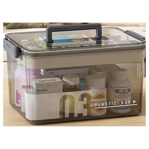 MMDXD,Medicine Storage Box,Large Medicine Storage Box,Transparent Double Compartmentalised Medicine Storage Box with Handle,for Home, Flat, School, Travelling Medicine Storage (Grey, Large)