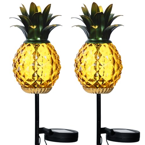 elfonsol Solar Pineapple Lights Outdoor Glass Pineapple Stakes Lights Waterproof Garden Lantern Decor Pineapple Gifts for Women 2 Packs Yellow