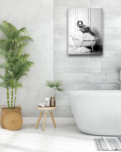 Ihery Funny Bathroom Wall Art Decor, Waterproof 12X16In Black And White Quality Canvas Wall Art Pictures, Wood Framed Funny Elephant Bathing Animals Abstract Prints For Bedroom Kids Room 1 Pack #TOP6
