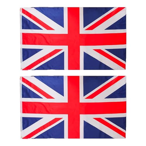 VE Day Union Jack 3ft x 2ft Flag Fancy Dress Decoration - Pack of 2 Flags - Great Britain Flag with Grommets - Queens Jubilee, Sporting Events, Street Parties, Festivals and Celebrations