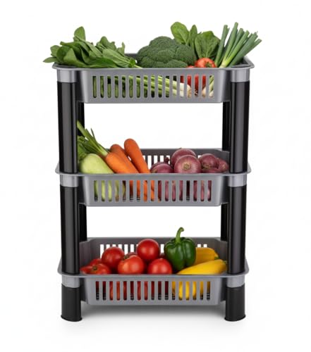 Image of U-Max Multi Tire Kitchen Storage Rack, Plastic Utility Shelf Organiser, Space Saving Storage Solution, Revolving Vegetable Rack (Silver-Regular, 3)