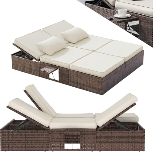 UDPATIO Transat Jardin Extérieur en Rotin - Bain de Soleil Double avec Plateaux Latéraux Repliables et Dossier Réglable 5 Niveaux, Lit de Jardin Résistant...