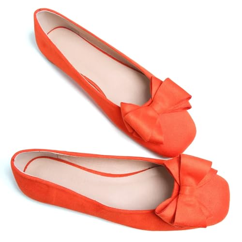 HuangTaiJi Qing Women's Bow-Knot Ballet Flats Suede Square Toe Dressy Flat Shoes Comfortable Walking Slip-On Loafers2