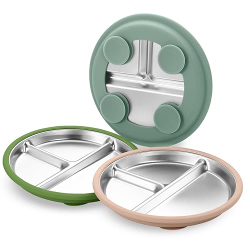 Image of SPMKTQK 3Pack Sainless Steel Kids Plates with Suction, 8.1” Divided Toddler Baby Plates with Removable Silicone Sleeves BPA Free Non-Slip 2-in-1 Anti Breakage Metal Toddler Bowls